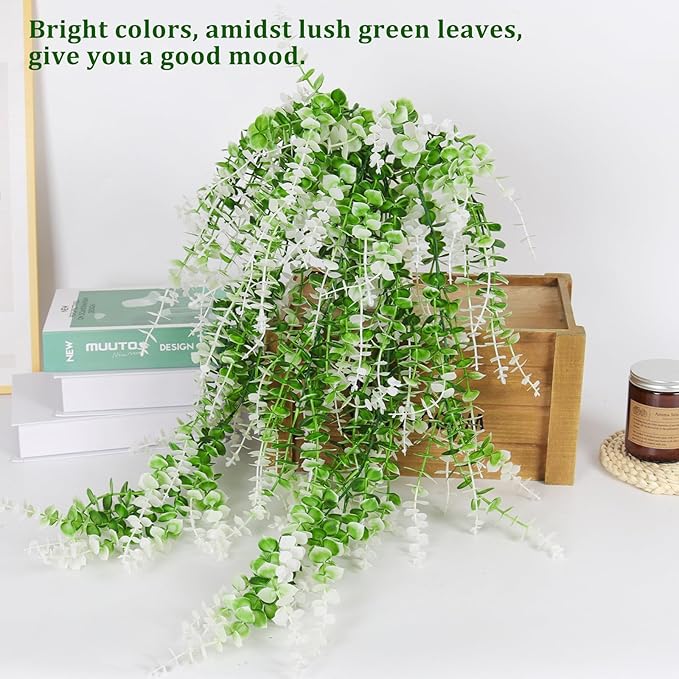 RECUTMS Fake Monkey Plants Hanging Eucalyptus Vines Fake Vines Faux Hanging Plants for Outdoor Garden Yard Backdrop Decor Indoor Room Table Wall Home Hanging Decoration(White)