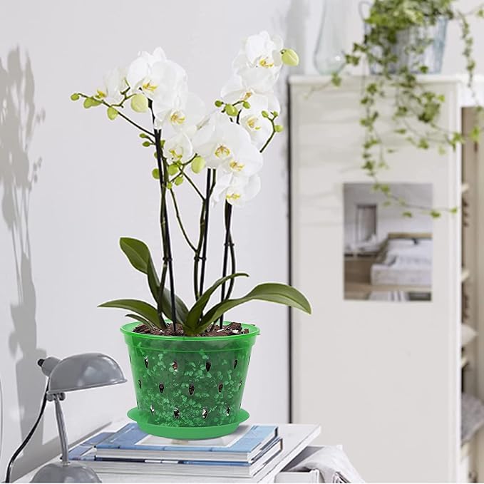 Orchid Pot, 6.7 Inch 8 Pack Orchid Pots with Holes and Saucers,Plastic Orchid Planter - Green Emerald