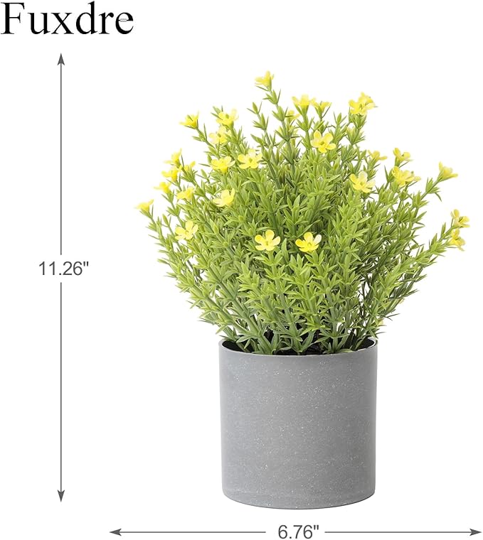 2 Pack Small Desk Plants, Artificial Bathroom Plants Decor with Thyme Flower in Vintage Melamine Pots, Faux Plants Indoor for Shelf Decor in Home Office, and Spring Decor (Yellow)