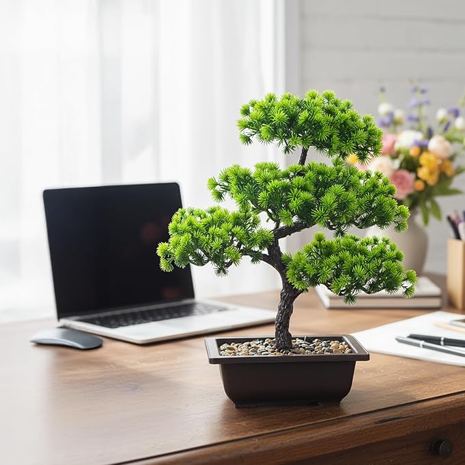 Artificial Bonsai Tree 15.8" Faux Juniper Bonsai Tree in Pot Realistic Fake Desk Plant Mini Bonsai Trees Small Japanese Decor for Bookshelf Table Office Bedroom Home Garden Indoor