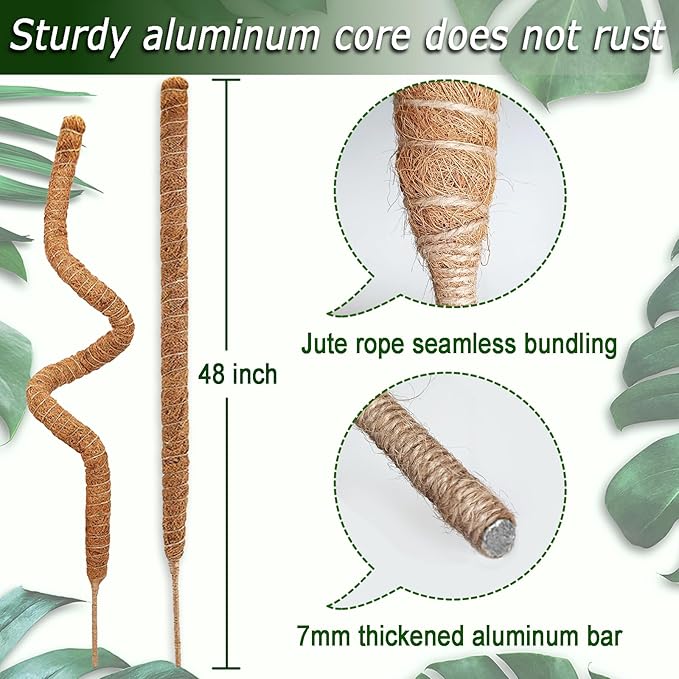 2 Pack 48'' Bendable Moss Pole for Monstera & Pothos - Tall Handmade Coco Coir Plant Support Stakes for Large Climbing Indoor Plants, Potted Houseplant Trellis Accessories