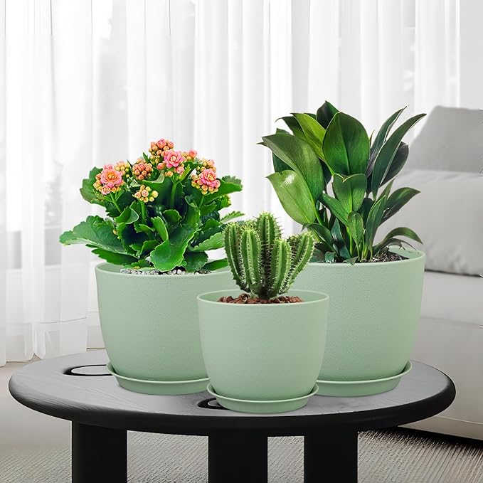 WSMKSZ Large Plant Pots 12/10/9 inch, Set of 3 Modern Decorative Plastic Planters with Drainage Holes and Saucers, Flower Pots for Indoor Outdoor Plants, Green