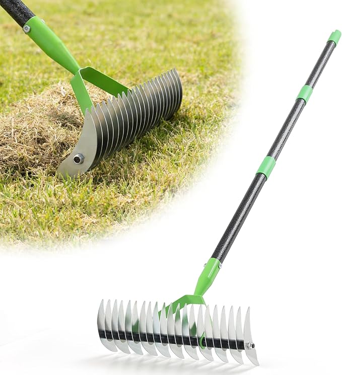 Dual-Action Dethatcher Rake - 21-Tine, Adjustable Long-Handle Landscaping Rake with 70", Heavy Duty Thatch Rake,Turf Rake for Artificial Grass, Metal Rake for Spring Lawn Care, Soil Aeration