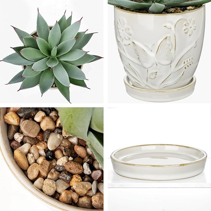 Briful Artificial Succulent Plant in White Ceramic Planter with Saucer, Small Fake Agave Plant, Faux Plant Indoor for Desk, Bathroom, Shelf, Office, Farmhouse Home Decor, 9 Inch
