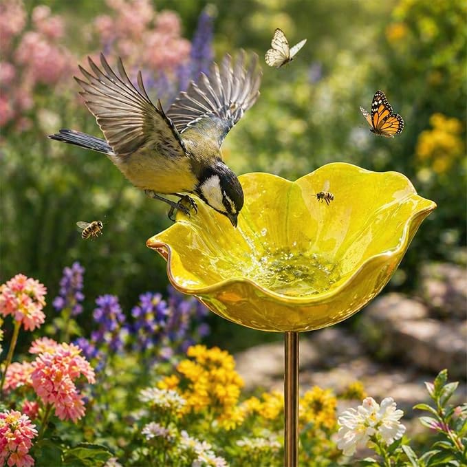 Metal Flower Garden Stakes Bird Bath, Handmade Metal Flower Garden Stake with Bee Bath, Bird Water Bowl Water Station for Outdoor Yard Lawn Patio Decor (Yellow)