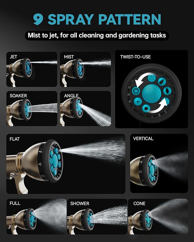 RAINPOINT Garden Hose Nozzle, 9 Spray Patterns Water Hose Nozzle, Heavy Duty Metal Sprayer Nozzle, Adjustable Hand Sprayer, Watering Plants and Lawn, Blue