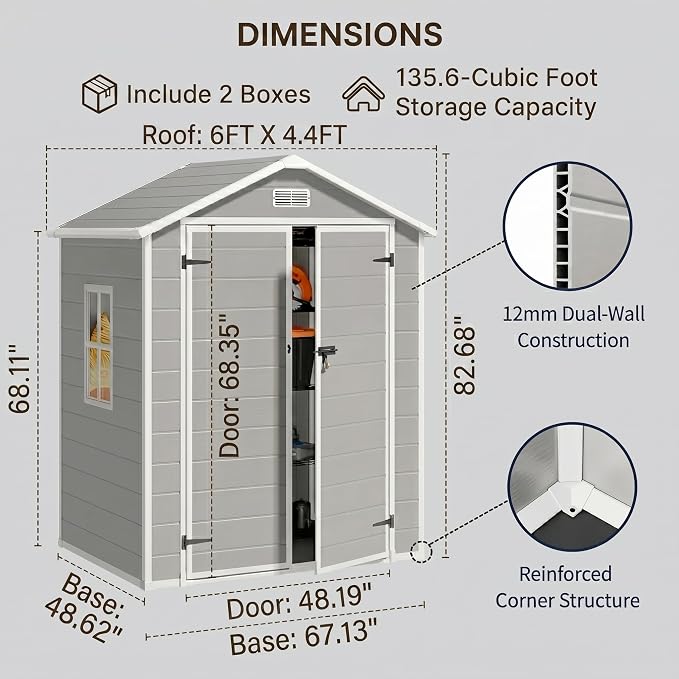 Gizoon 6x4.4 FT Resin Shed with Floor, Plastic Outdoor Storage Shed with Windows, All-Weather Garden Tool Shed with Lockable Doors, Suitable for Backyard & Patio (Grey)