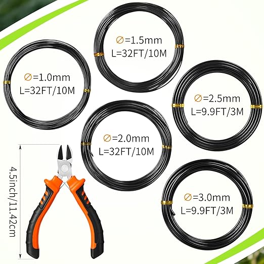 Mudder 5 Roll Aluminum Bonsai Training Wire Tree 160 Feet Total with Bonsai Wire Cutter Anodized Training for Holding Branches Small Trunks(1/1.5/2.0/2.5/3mm,Black)