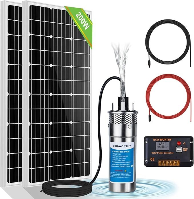 ECO-WORTHY 200W 24V Solar Water Pump System, Large Flow 3.2GPM, 2pcs 100 Watts Solar Panel + Submersible Well Pump + 20A Controller + 16ft Cables for Irrigation Garden Camping