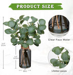Briful Artificial Eucalyptus Stems in Black Glass Vase with Faux Water, 14" Fake Plant Eucalyptus Leaves for Home Office Farmhouse Wedding Centerpiece Décor