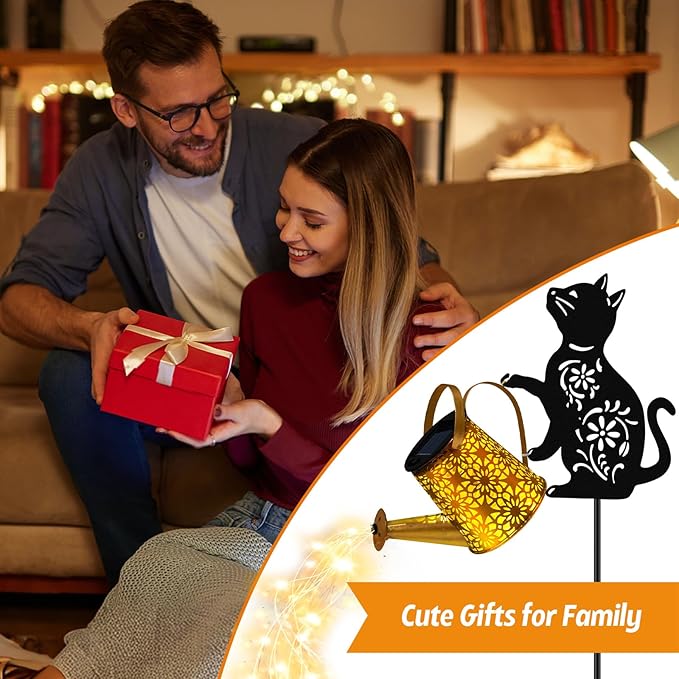 Solar Watering_Can Lights, Cat Hanging Lantern Solar Lights Outdoor, Cat Lover Gifts for Mom Women Birthday Mother's Day Christmas, Waterproof Garden Decor Outside Patio Yard Pathway Backyard