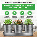 Plexon Herb Planter Indoor Garden Set of 3 with Tray, Metal Herb Pots for Indoor Plants, Round Kitchen Garden Kit Ideal for Windowsill Planter or Countertop, Galvanized Steel