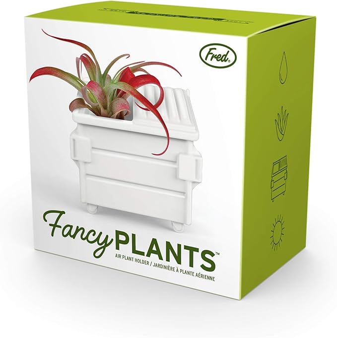 Fred Fancy Plants Dumpster Shaped Air Plant Holder - Unique Ceramic Planter for Tillandsia & Small Air Plants - Decorative Indoor Display for Office Desk, Bookshelf, Coffee Table