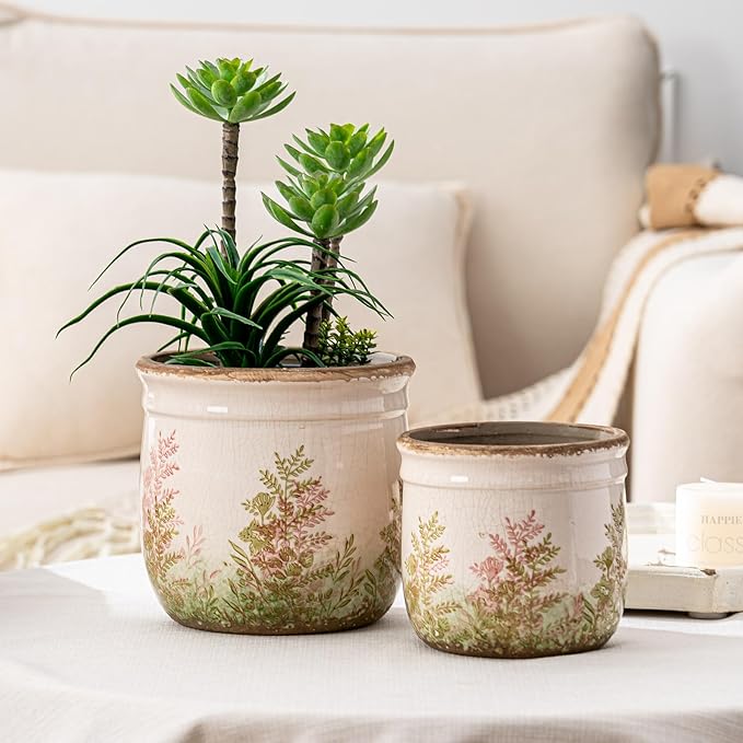 SURE YUESI for Mom from Daughter or Son, Vintage Pink & Green Ceramic Planter Set of 2, 4.7” & 5.7” Rustic Flower Pots for Indoor Plants, Decorative Home & Garden Plant Pots