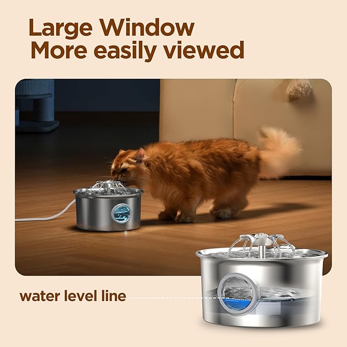 Pet Water Fountain Stainless Steel: Cat Fountain with 8 Filters & 8 Sponges | 88oz/2.6L Automatic Cat Watering Dispenser Bowl with Water Level Window - IHOUONE Quiet Fountains for Cats & Dogs Owners