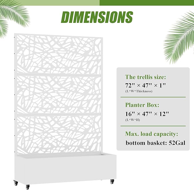 Casaphoria Metal Raised Garden Bed with Trellis and Wheels, 72"x47"x16" Arched Planter Box for Climbing Plants, Vegetables & Vines, Features Drainage Holes and Privacy Screen, White-Net