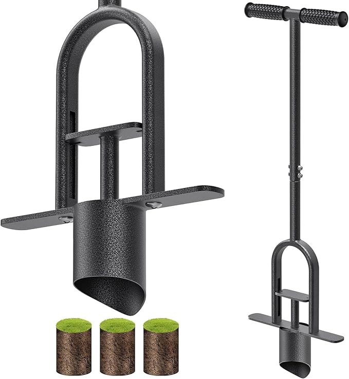 BeneLabel Grass Plugger Tool Lawn Plugger with Long Handle - Heavy Duty Steel Sod Turf Plugger Bulb Planter Tool, Soft Rubber Grip for Turf Repair, Seedling Transplant & Digging Holes