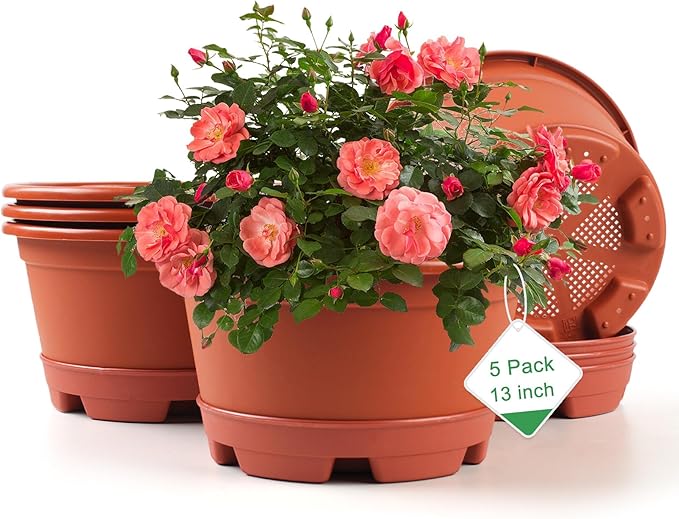 KPUVX Outdoor Flower Pots 5 Packs 13 inch pots for Plants Modern Decorative Garden Pot with Saucer, Lightweight Large Resin Planters for Indoor Plants,Decorative Resin Plant Pots