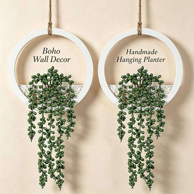 Boho Wall Decor, 2Pcs Fake Hanging Plants Artificial Succulents, Indoor Hanging Planter Greenery Decor, Perfect for Bathroom Living Room Bedroom Office Washroom, Faux Succulent Wall Floating Plants