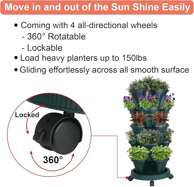 GameXcel Vertical Planter Tower - 5 Tier Stackable Garden Planters with Wheels and Tools Plant Pots for Strawberry Herb Flower and Vegetable Indoor Outdoor Use Green