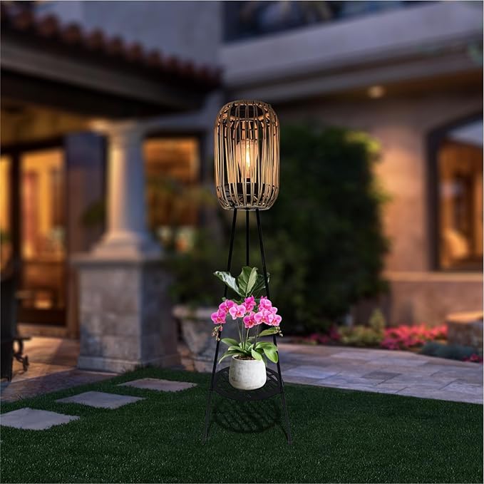 40.55'' Metal Outdoor Solar Floor Lamps with Waterproof Solar Rattan Lights Plant Stand Porch Lantern Decoration for Patio Deck Yard Garden Porch
