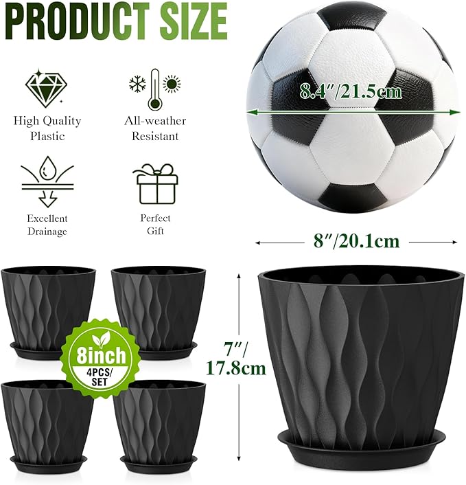8" Water Wave Plant Pots with Drainage Holes & Saucers, 4 Pack Modern Textured Medium Planters for Indoor Outdoor Plants, Decorative Flower Pots Repotting Set for Flowers, Herbs (Black)
