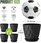 8" Water Wave Plant Pots with Drainage Holes & Saucers, 4 Pack Modern Textured Medium Planters for Indoor Outdoor Plants, Decorative Flower Pots Repotting Set for Flowers, Herbs (Black)