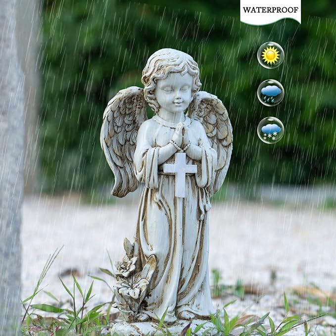 Rezpuao Angel Statue for Garden,Solar Angel for Cemetery Decorations,Garden Memorial Angels,Resin Praying Angels Figurine for Patio Lawn Yard Porch Decorations,12.12inch