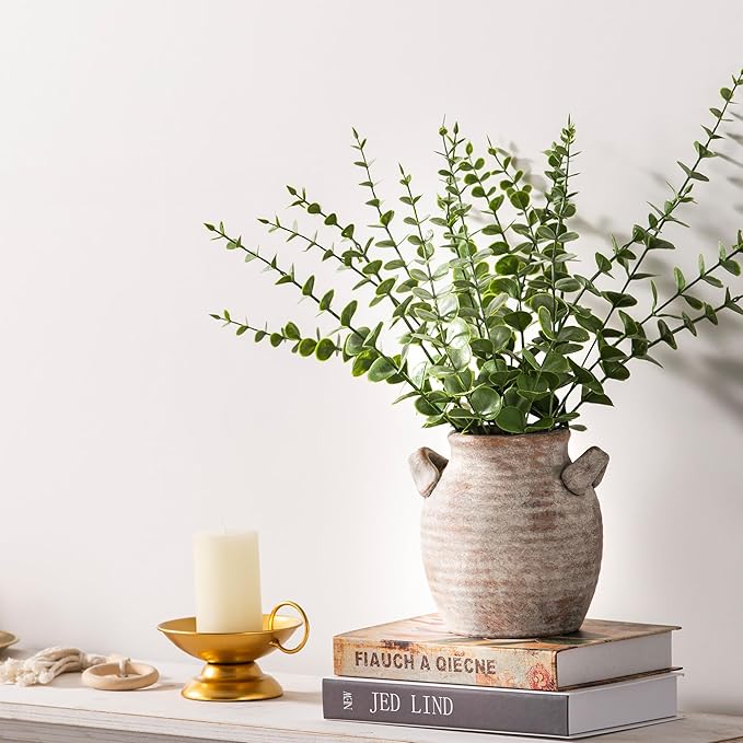Vanselia Ceramic Flower Vase Home Decor - Farmhouse Table Vases with Handle Living Room Decoration Vintage Decorative Aesthetic for Shelf Coffee Dining Desk House Bookshelf Fireplace (6" Rustic)