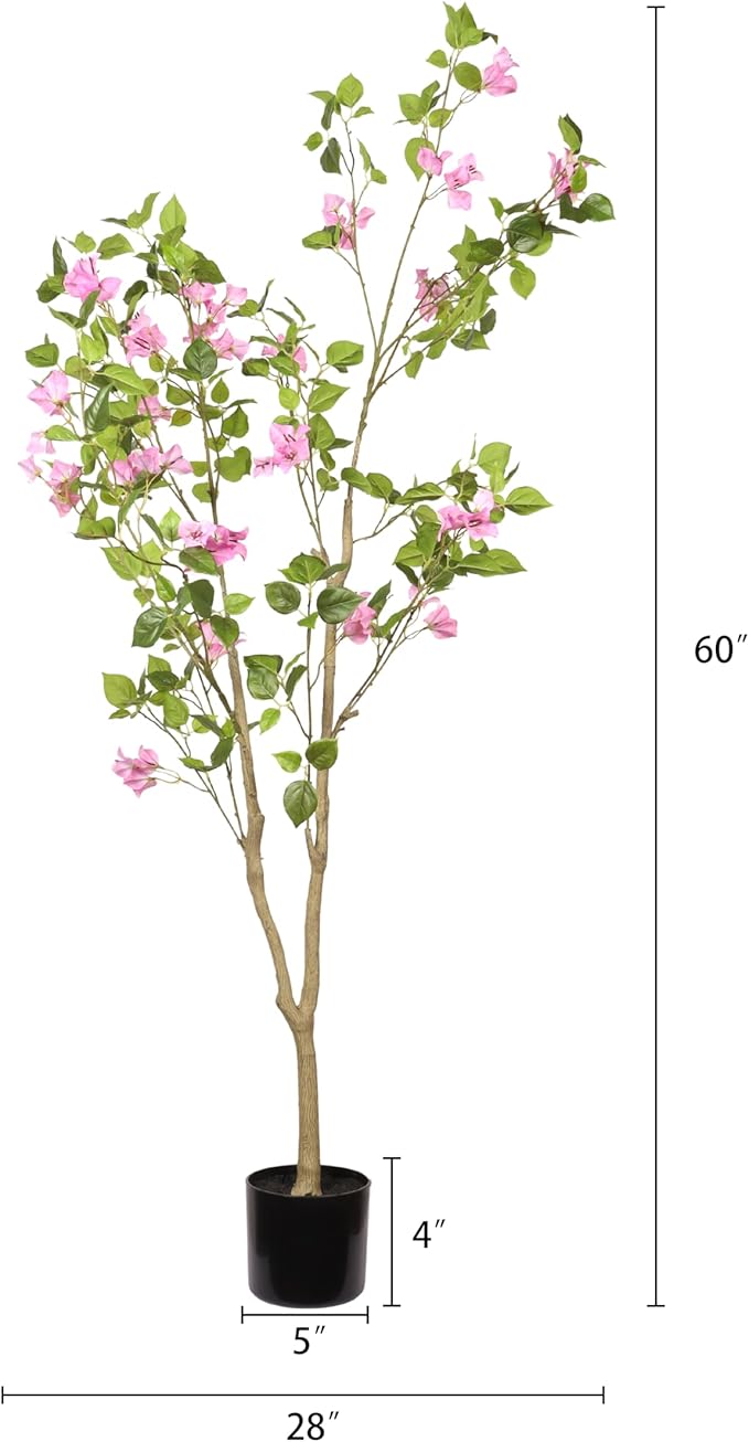5FT Artificial Flowering Tree, Realistic Faux Bougainvillea with Colorful Blooms, Tall Potted Plant in Black Container, Statement Greenery for Living Room, Office & Sunroom, Easy to Place