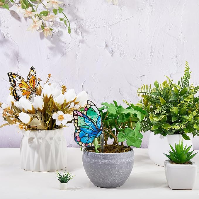 CRASPIRE 2 Styles Butterfly Plant Decoration Flower Pot Suncatcher Acrylic Garden Stake Hanger Decor Blue Yellow Butterflies Catcher Hugger for Art Indoor Outdoor Patio Pots Yard Farmhouse