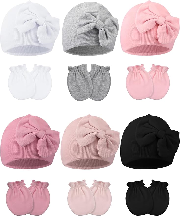 Geyoga 12 Pieces Newborn Hat Mittens Gloves Set Baby Boys Girls Cotton Baby Beanie for 0-12 Months