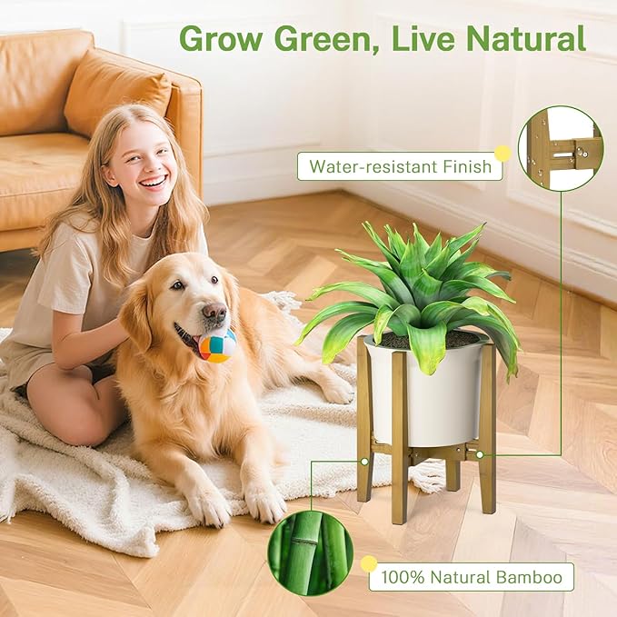 iDavosic.ly Adjustable Plant Pot Stand Indoor Outdoor, Mid Century Modern Bamboo Short Single Flower Holder Fits 8 to 12 Inch Large Heavy Duty Planter (Not Included) | Brown
