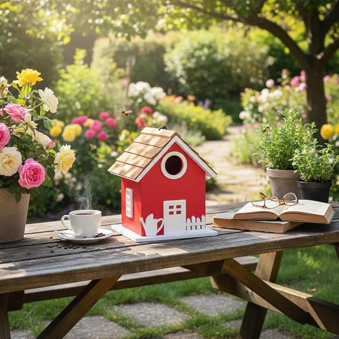 2026 Vinyl Water Proof Bird House for Outside, Shingle Roof Bluebird House Nesting Box, Squirrel Proof Hanging Birdhouse, 5 Years Weatherable for Outdoor Decoration,Bird Box for Pole (Red)