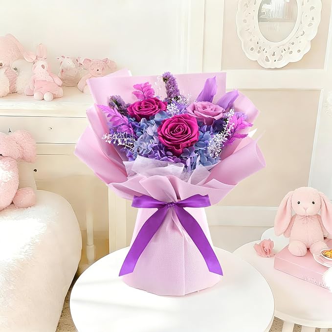 Preserved Flowers Bouquet, Flowers for Delivery,Handmade Purple Rose Bouquets Lasting 3-5 Years, Luxury Gift Box,Birthday Flowers Gifts for Women Mom Grandma Wife Friends