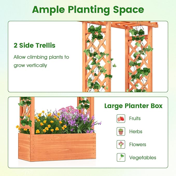 LDAILY Raised Garden Bed with Trellis, Above Ground Garden Bed with Hanging Roof, Side Trellis, & Drainage Holes, Planter Box for Outdoor Climbing Plants Vines Flowers (1, 31" L x 14" W x 60" H)