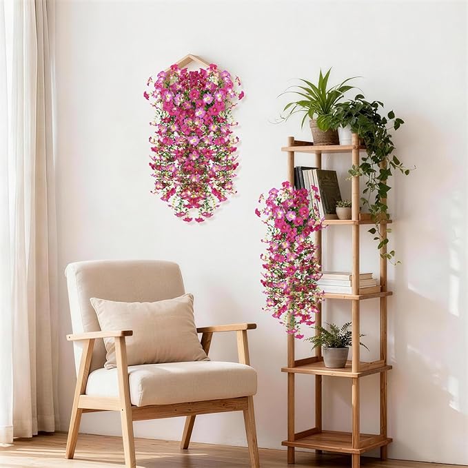 Artificial Fake Hanging Flowers Plants for Outdoor Spring Decoration,2 PCS Faux Silk Morning Glory with Eucalyptus Leaves,UV Resistant Realistic Trailing Vines for Balcony Porch Patio Yard Garden