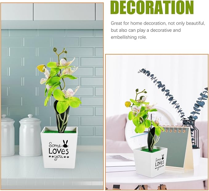 Artificial Moth Orchid Potted Plant Green Plastic Desktop Faux Flower Simulation Home Décor Tabletop Artificial Potted Flower for Living Room Office