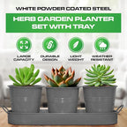 Plexon Herb Planter Indoor Garden Set of 3 with Tray, Metal Herb Pots for Indoor Plants, Round Kitchen Garden Kit Ideal for Windowsill Planter or Countertop, Gray Powder Coated