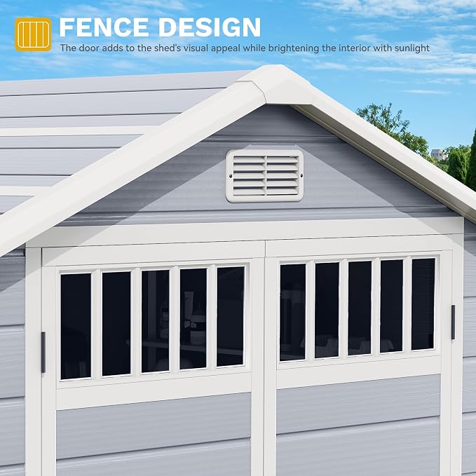 DWVO 6x4.4 FT Outdoor Storage Shed with Fence-Style and Side Windows, Lockable Door, and Vents Resin Storage Shed for Garden Backyard Patio Lawn