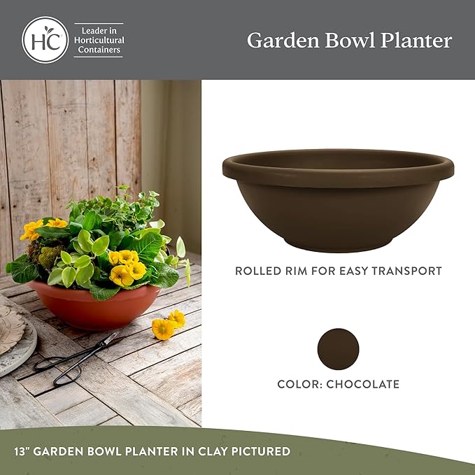 The HC Companies 13 Inch Garden Bowl Planter - Shallow Plant Pot with Drainage Plug for Indoor Outdoor Flowers, Herbs, Chocolate