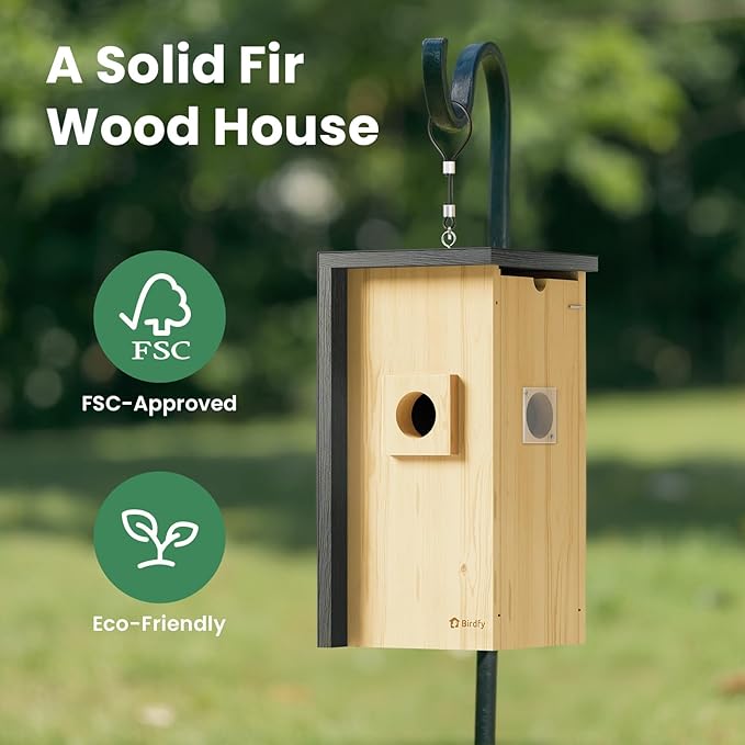 Birdfy Bird House with Camera Solar Powered with Iron Guard for Outside, AI Identify, 1080P HD & Night Vision for Bluebird Finch Swallow Wren Chickadee Nesting Watching, Auto Detect & Notify