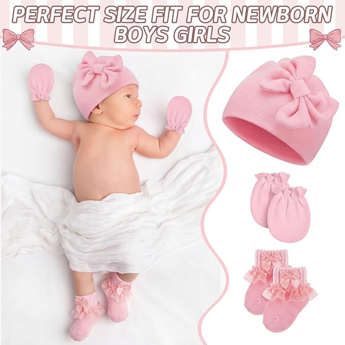 Ramede 5 Pack Preemie Newborn Hats Mittens Socks Set Cotton Bow Knot Caps Non-Scratch Gloves Ruffle Lace Socks for Girls Boys