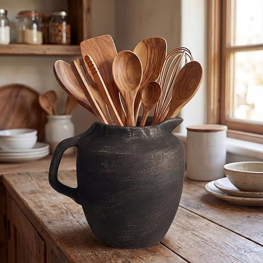 Potchen Rustic Kitchen Utensil Holder with Handle,7.48" H Ceramic Vintage Utensil Crock for Countertop, Farmhouse Kitchen Decoration Ceramic Pot for Spatulas Spoons Tongs(Novelty,Antique Black Gold)