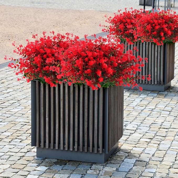 RECUTMS Fake Greenery Boxwood Plant Outdoor Artificial Flowers UV Resistant Fake Boxwood Plastic Plants Greenery Shrubs for Summer Indoor Outdoor Garden Patio Window Box Kitchen Home Decor(Red)