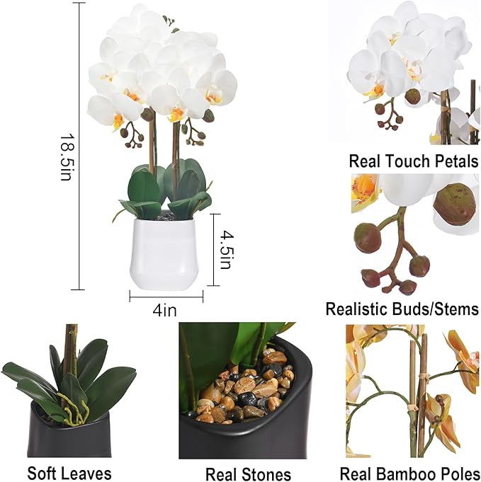 Orchids Artificial Plant in Ceramic Pot 18.5" Faux Orchid Phalaenopsis Flowers Arrangement for Home Office Table Centerpiece Indoor Decor, White