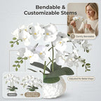 Artificial Orchid with 3D Printed Vase, 24 Stems Realistic Fake Phalaenopsis, Adjustable Silk Flowers for Home Decor, Wedding Table Centerpieces, 2 Bunches + White