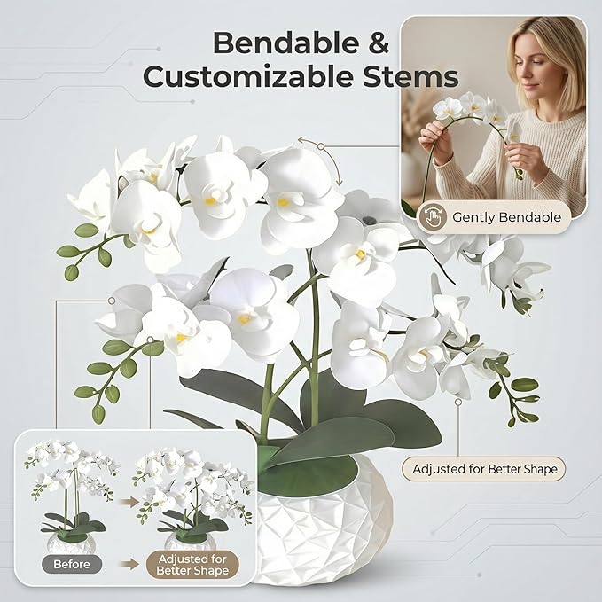 Artificial Orchid with 3D Printed Vase, 24 Stems Realistic Fake Phalaenopsis, Adjustable Silk Flowers for Home Decor, Wedding Table Centerpieces, 2 Bunches + White