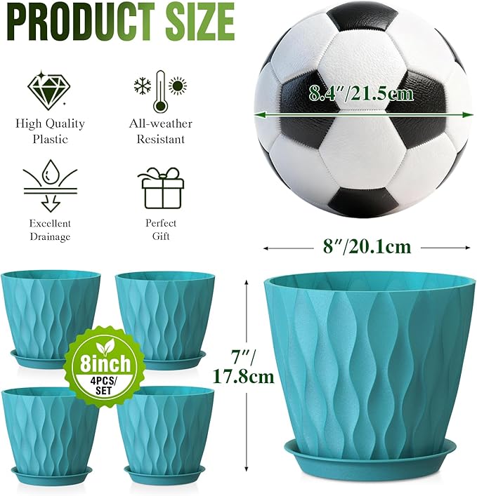 8" Water Wave Plant Pots with Drainage Holes & Saucers, 4 Pack Modern Textured Medium Planters for Indoor Outdoor Plants, Decorative Flower Pots Repotting Set for Flowers, Herbs (Blue)