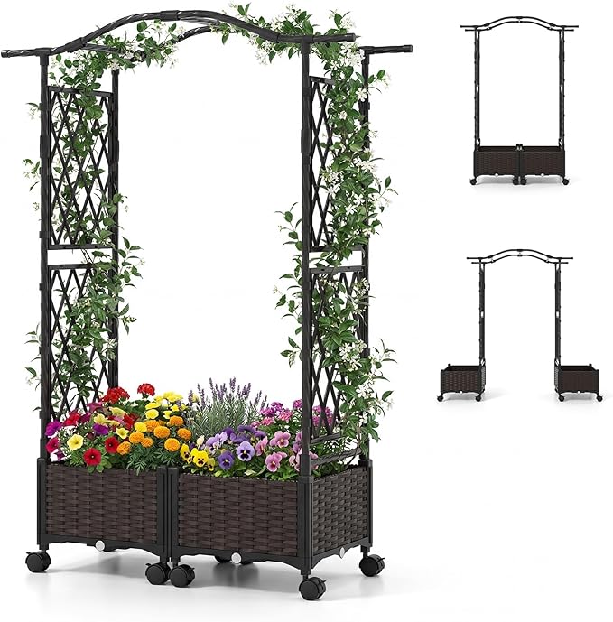 Giantex Planter Boxes with Arch Trellis, 5FT Self-Watering Tall Raised Garden Bed w/Wheels, Hanging Roof & Drainage Holes, Outdoor Indoor Tomato Planter for Climbing Vines Vegetables (60"x16"x58")